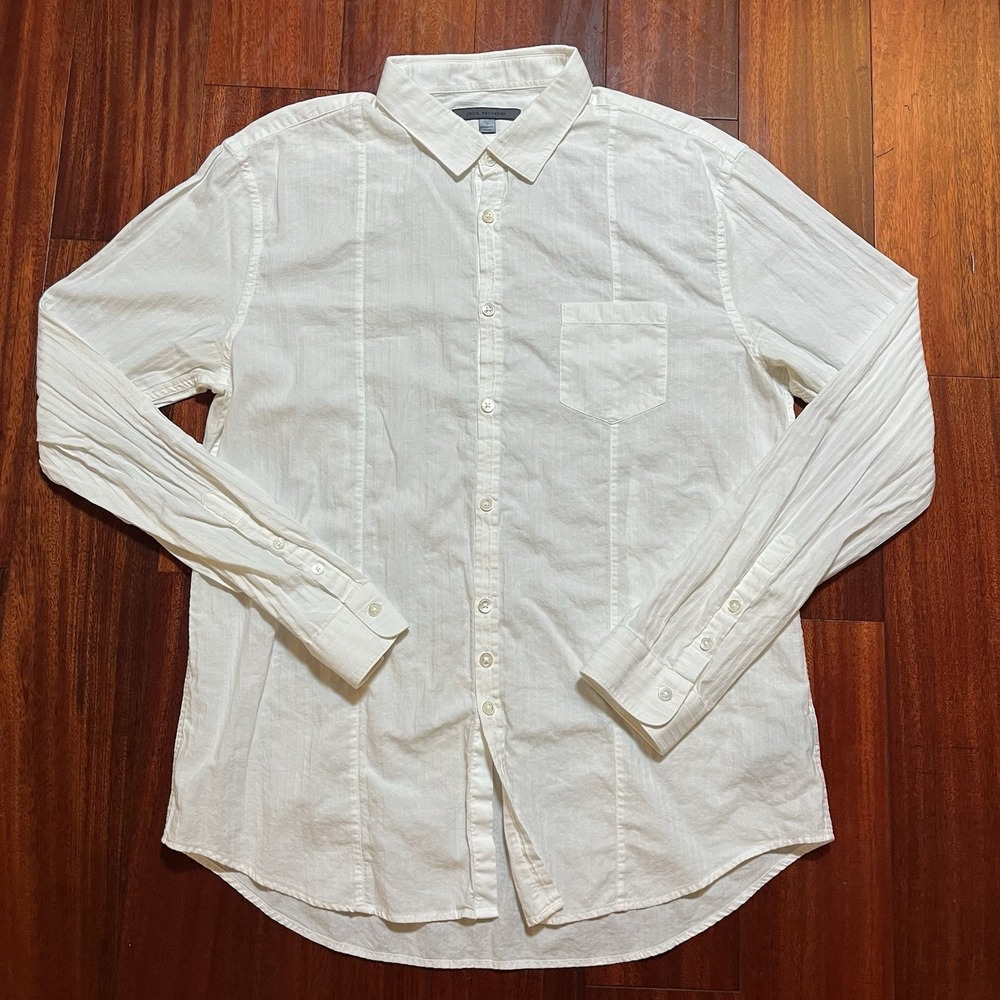John Varvatos USA Shirt Mens Large Solid White Striped Cotton Preppy MSRP $148